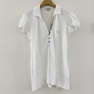 Burberry Brit Polo Shirt Puff Short Sleeve Plaid Accent White Top Womens MEDIUM